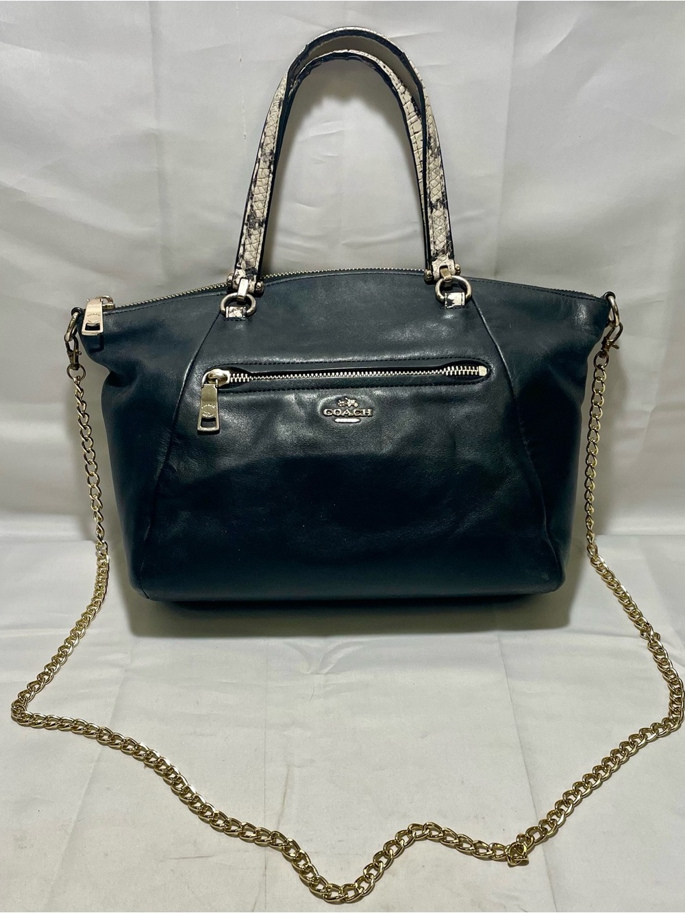 Coach Black Leather Prairie Satchel/Crossbody with Snakeskin Handles